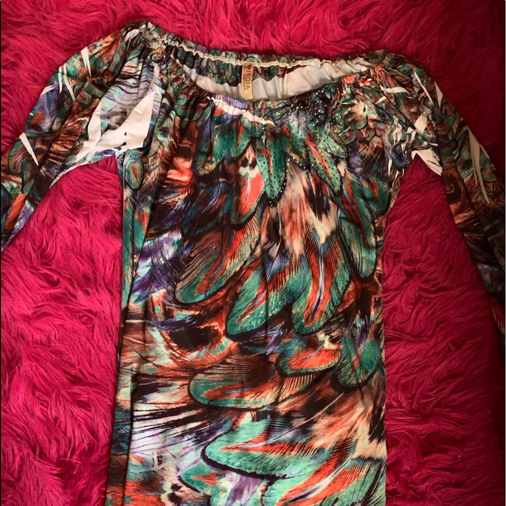 Peacock off the shoulder mini dress